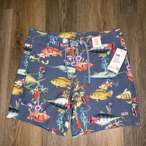 Saxx Betawave 2N1 Boardie 17" Men's 34 Swim Trunks Shorts Ballpark Pouch Fish‎